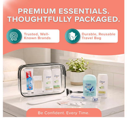 12-Piece Women’s Travel Hygiene Kit with Toiletries & Clear Cosmetic Bag,